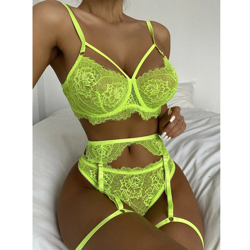 Sexy Lingerie Women's Underwear Set Mesh Perspective Bra Garter Brief Sets Floral Lace See Through Hot Erotic Sensual Lingerie