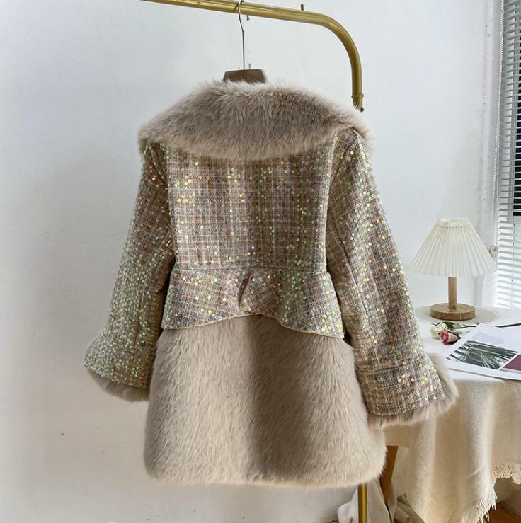 새로운 여성 Sequined 겨울 가을 가짜 모피 Outwears 한국어 거꾸로 칼라 따뜻한 느슨한 패치 워크 여성 가짜 모피 재킷 K1558