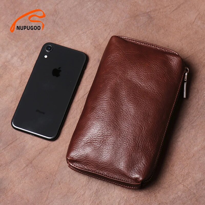 NUPUGOO-Bolso de mano Vintage para hombre, cartera larga informal de cuero genuino, tarjetero marrón, pequeña bolsa para teléfono, alta calidad
