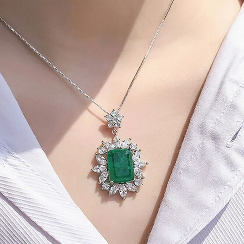 QTT Luxury Silver Color Lab Emerald Jewelry Green Rectangle Cubic Zirconia Bridal Necklace For Women Gorgeous Wedding Jewelry