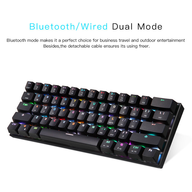 Motospeed-teclado mecânico ck62 bluetooth, teclado sem fio com modo duplo, retroiluminação led rgb, 61 teclas