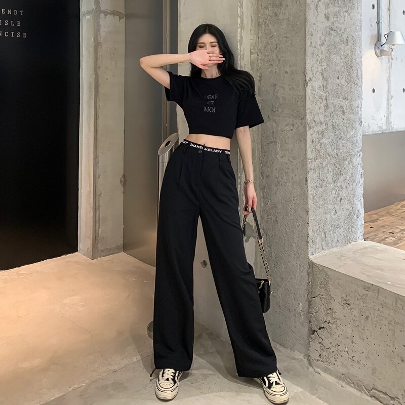 Terno casual calças femininas de verão fino estilo hong kong cintura alta solta calças retas preto ampla-perna drapeja esfregão calças