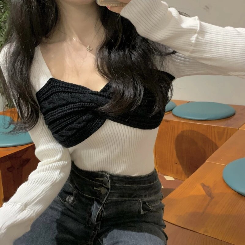 Cor do contraste do vintage blusas femininas coreano moda ins sexy magro outono puxar femme pescoço quadrado sueter de mujer