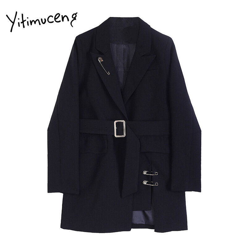 Yitimuceng blazers irregulares para as mulheres divisão entalhado faixas sólido casual vestuário terno escritório senhora meninas casaco preto 2021 primavera