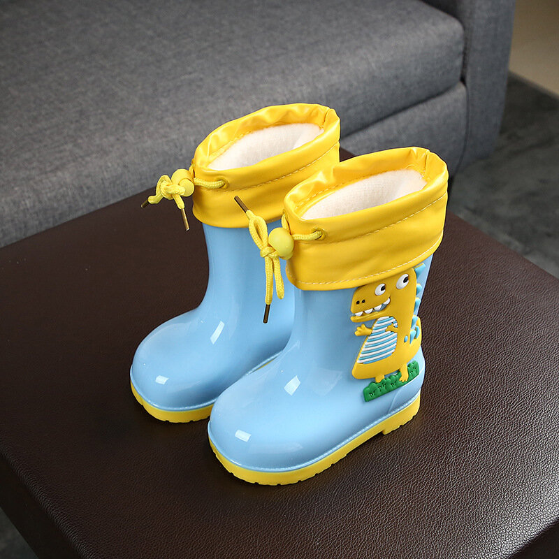 New Rain Boots Kids Girls Cute 3d Dinosaur Printed Children's Rubber Boots Boys Non-slip Waterproof Shoes With Plush Warm Liner