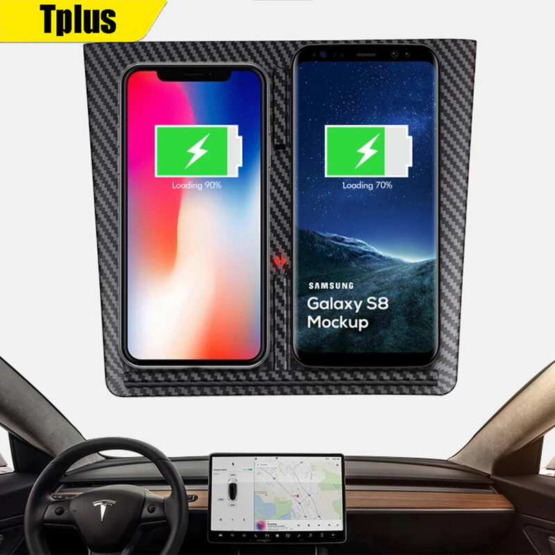 Car Wireless Charger For Tesla Model 3 / Model Y Dual Phone Holder Wireless Fast Charger Smart Carbon Fiber USB Accessories