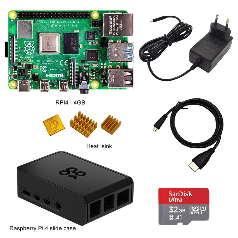 Kit oficial de raspberry pi 4, modelo B Pi 4B, 2GB/4GB: placa, disipador de calor, adaptador de corriente, funda, SD de 32/64/128GB