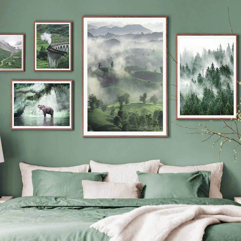 Зеленый туман горный лес Слон природный пейзаж скандинавский плакат настенный художественный принт на холсте Живопись Декор картины для г...