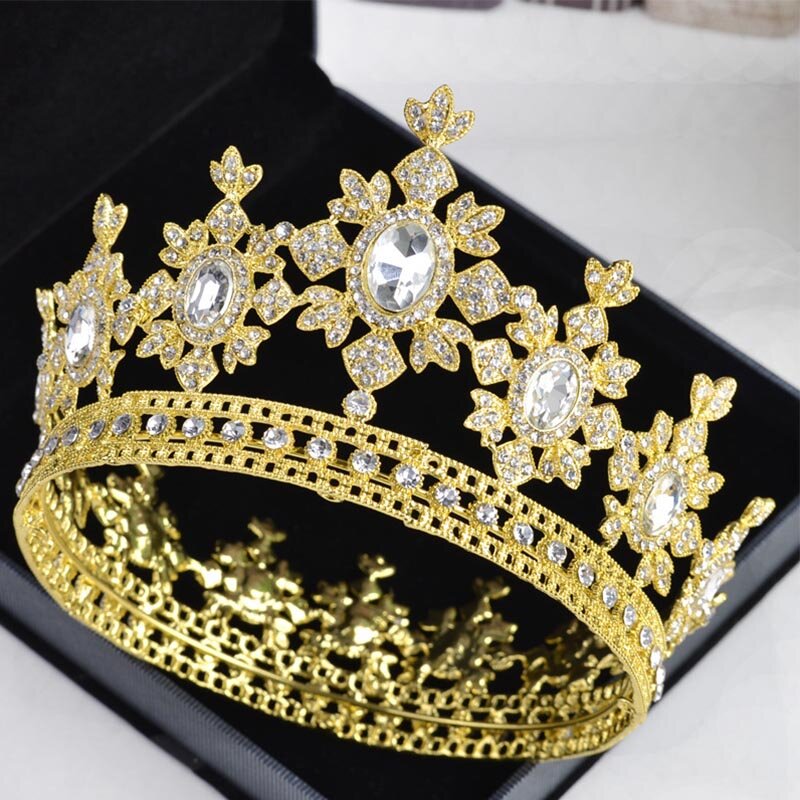 Diadema de corona redonda de Metal para novia, Diadema de corona para reina, novia, joyería para el cabello de Boda nupcial, nuevo diseño, verde, azul, rojo, blanco, cristal, dorado
