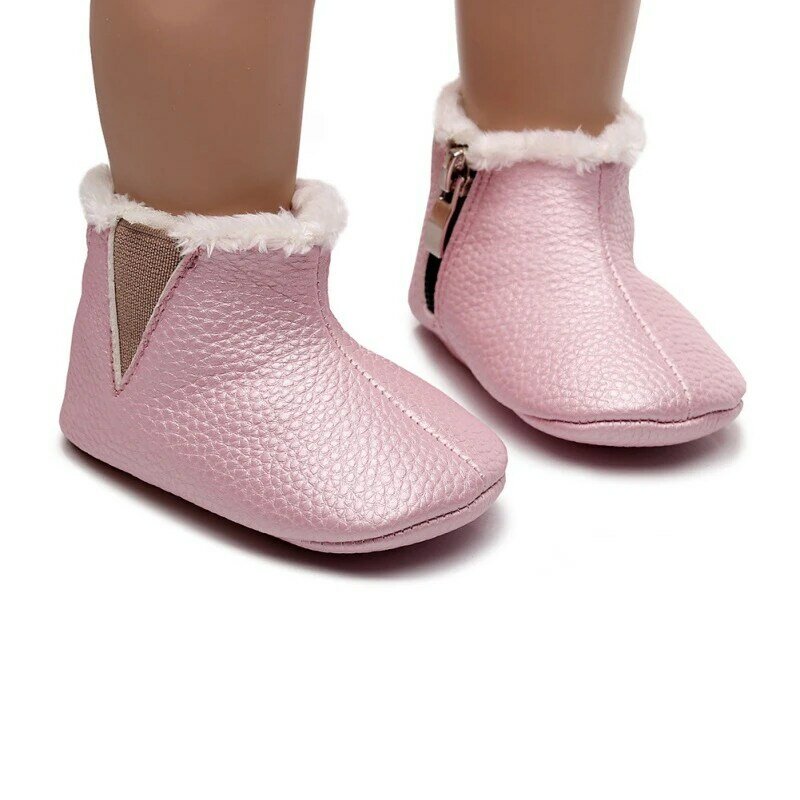 Botas infantis de inverno para meninos e meninas, sapatos macios de algodão com zíper de cor sólida, sola macia e antiderrapante para primeiros passos