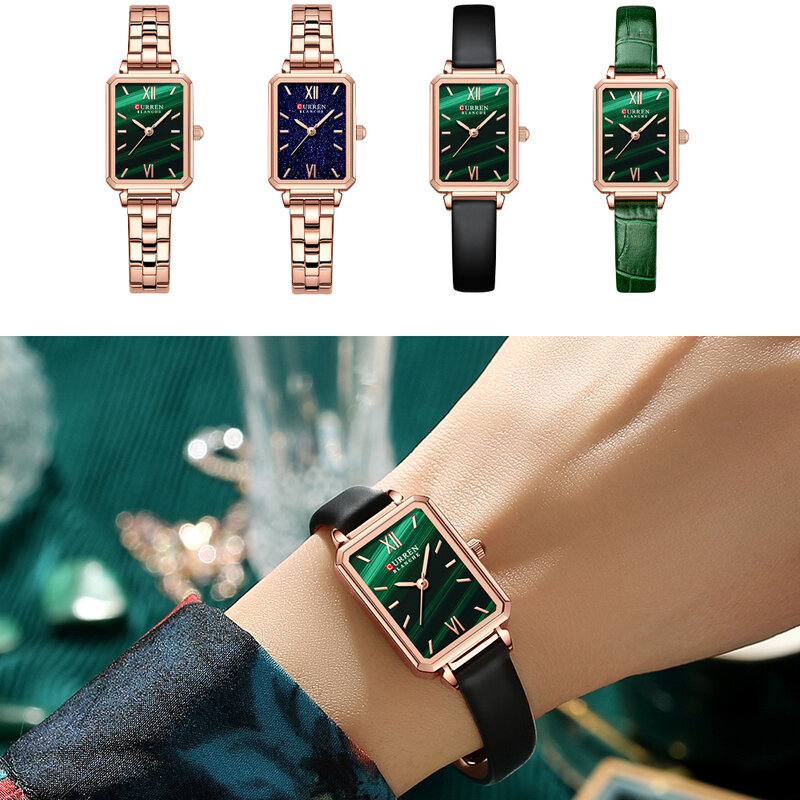 Curren-relógio de quartzo elegante feminino, relógio quadrado simples de marca da moda com pulseira e berloque, 9082