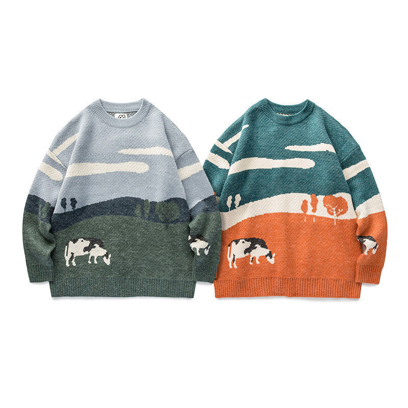 Youth Men Cows Vintage Winter Sweaters 2021 Pullover Mens O-Neck Korean Fashions Sweater Women Casual Harajuku Clothes