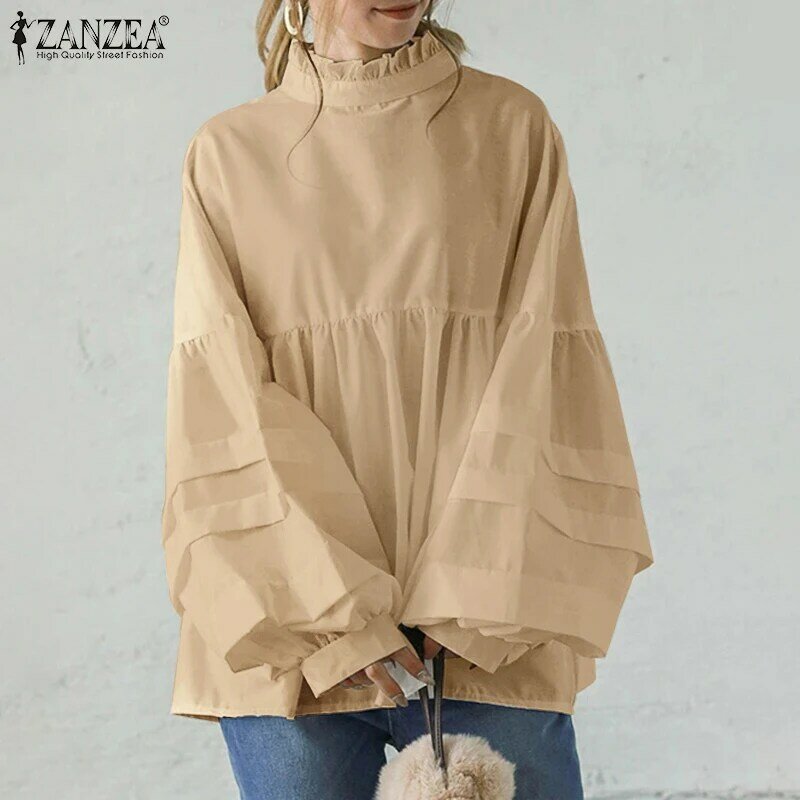 ZANZEA-Blusa de manga larga abombada para mujer, camisa elegante de retales, blusas informales con cuello redondo para muñeca, 2022