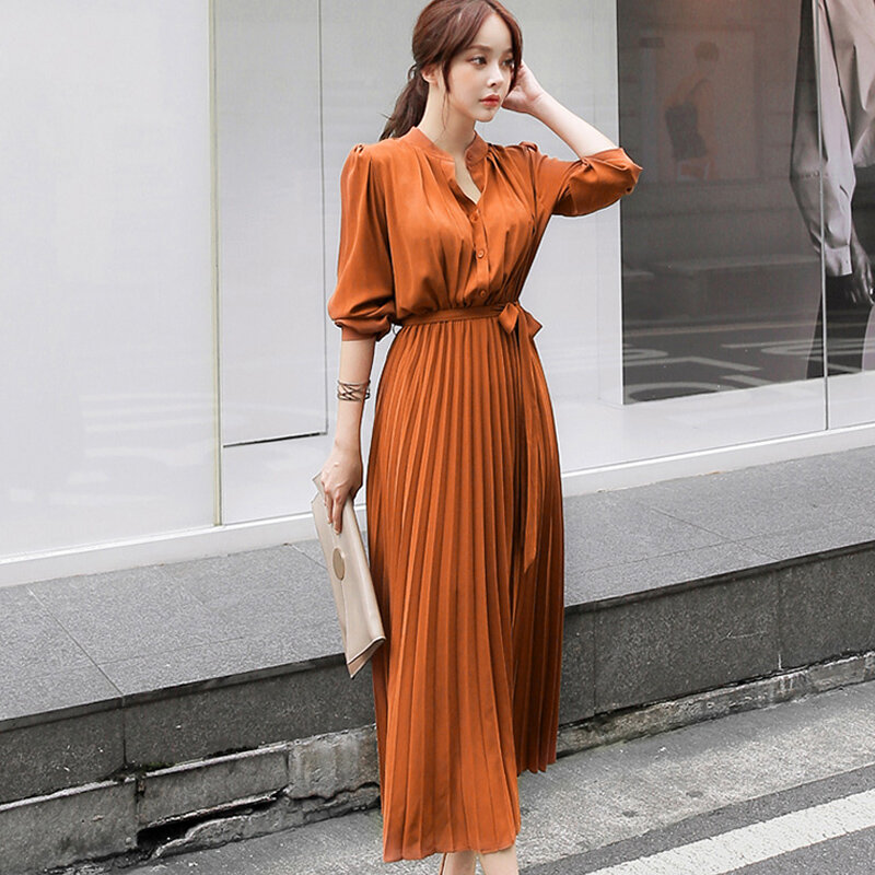 Elegante gola polo vestido da senhora do escritório das mulheres coreano primavera outono manga completa plissado cintura fina a line vestido casual feminino longo