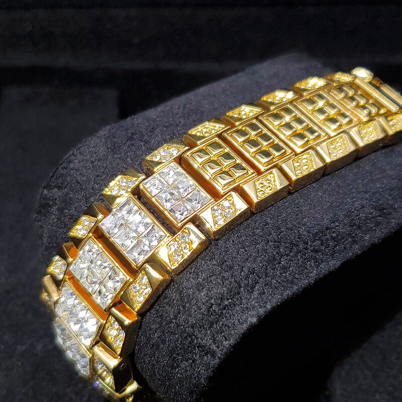 Hip Hop MISSFOX Mens Watches Lab Diamond 18K Gold Top Luxury Brand Quartz Wristwatches Steel Watch For Men Jewelry