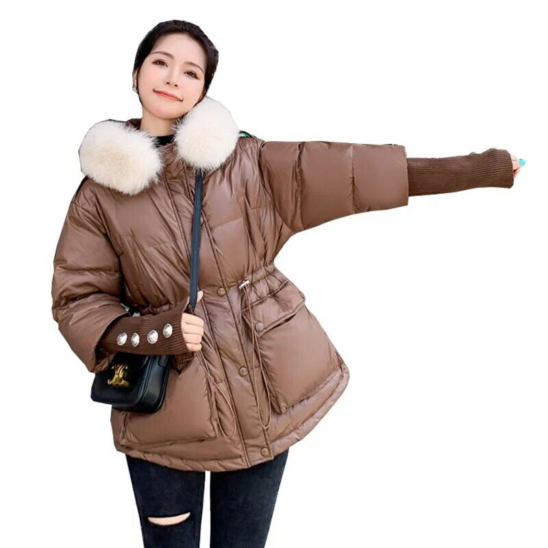 Chaqueta con capucha de piel para mujer, abrigo de calle de talla grande, plumón de pato blanco acolchado, cálido, elegante, G453, 2021