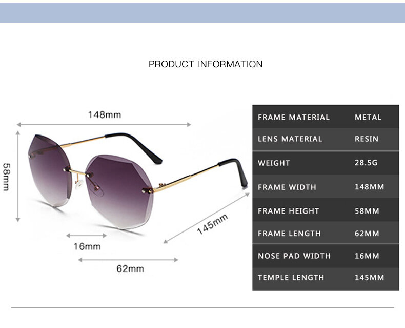Óculos de sol sem armação uv400, óculos de sol sem armação de metal para mulheres, design de marca de moda, lentes de corte em degradê