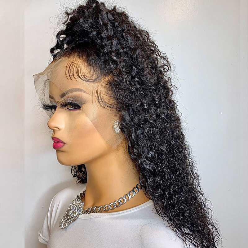 Peluca de cabello sintético para mujeres negras, postizo largo y rizado con malla frontal, color negro Natural, 180% de densidad, predesplumada, parte profunda diaria