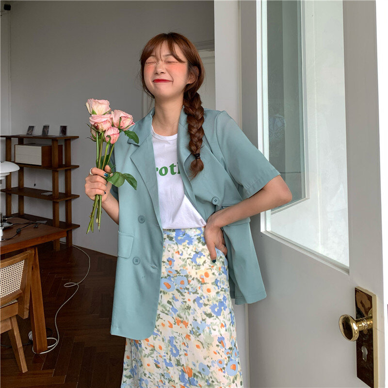 女性のためのエレガントな韓国の夏のブレザー,フェミニンなオフィスウェア,半袖,ダブルブレスト,パープルブレザー,7色,2020