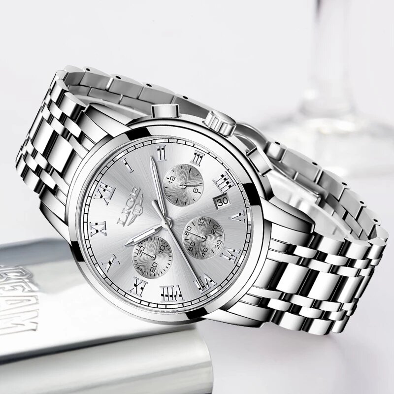 Lige relógio feminino luxuoso, à prova d'água de quartzo em aço inoxidável com data