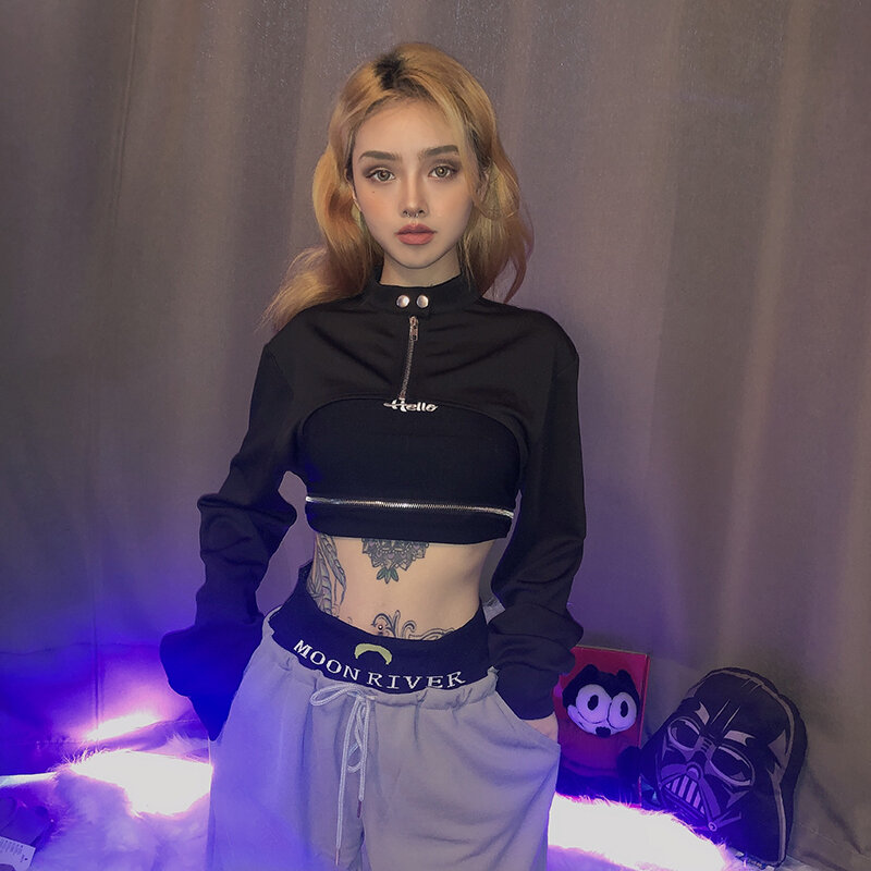 2021 Baru Wanita Kaus Pendek Seksi Hip-Hop Longgar Lengan Panjang Ritsleting Jaket Streetwear Pakaian Pesta Sudadera