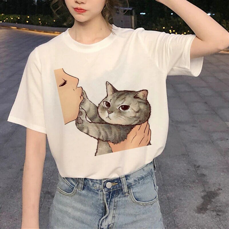 Kawaii القط الجرافيك تي شيرت المرأة Harajuku Ullzang قميص جذاب مضحك الكرتون الجمالية 90s التي شيرت قمة الموضة الصيف تيز الإناث