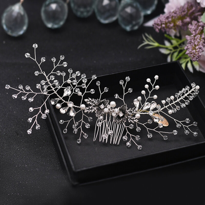 Sisir Rambut Pernikahan Kristal Perak Aksesori Rambut Pengantin untuk Wanita Bunga Hiasan Kepala Perhiasan Ornamen Rambut Pengantin
