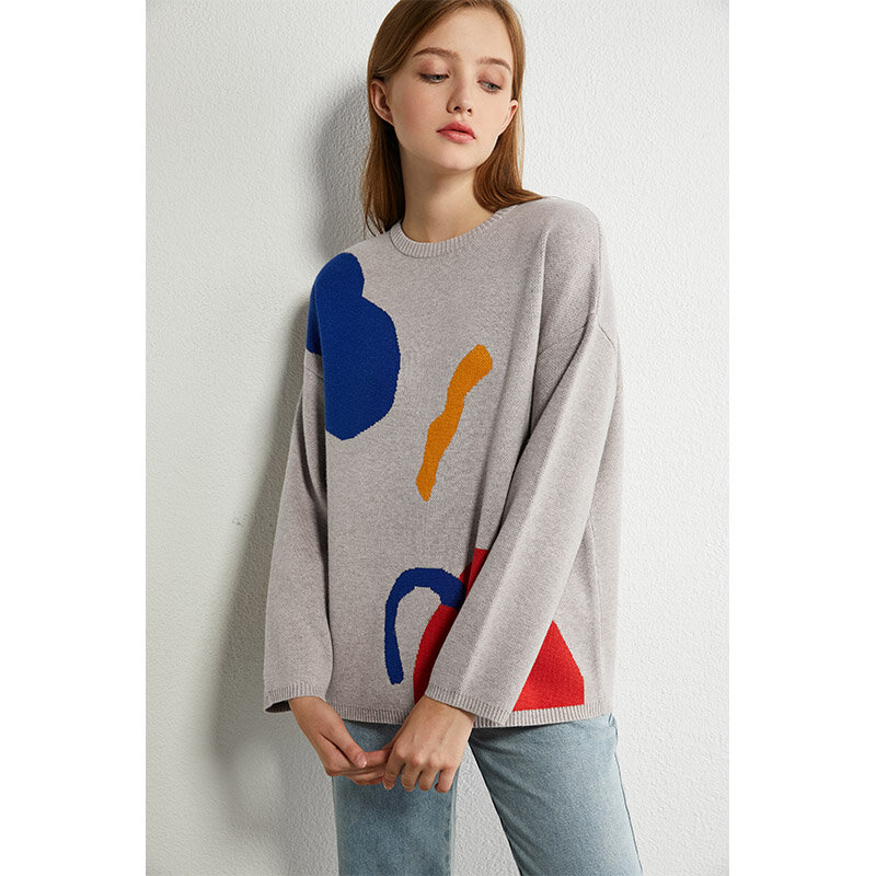 AMII 미니멀리즘 가을 여성 스웨터 패션 대조 색 디자인 Oneck 느슨한 여성 풀오버 인과 여성 탑스 12040698
