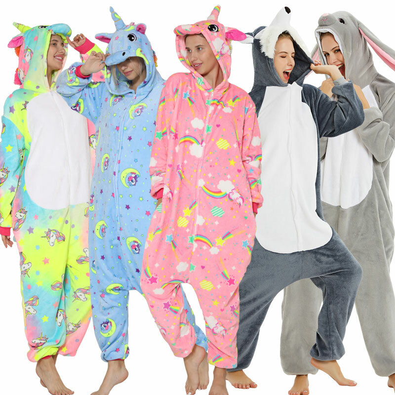 Piyama Hewan Dewasa Pakaian Tidur Wanita Unicorn Onesie Kigurumi Panda Piyama Anime Kartun Terusan Musim Dingin Kelinci Pakaian Tidur Jumpsuit