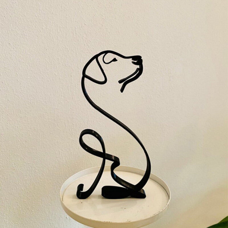 Hewan Minimalis Seni Patung Besi Retro Logam Garis Hitam Buatan Tangan Patung-patung Abstrak Ornamen Anjing Dekorasi Meja Seni