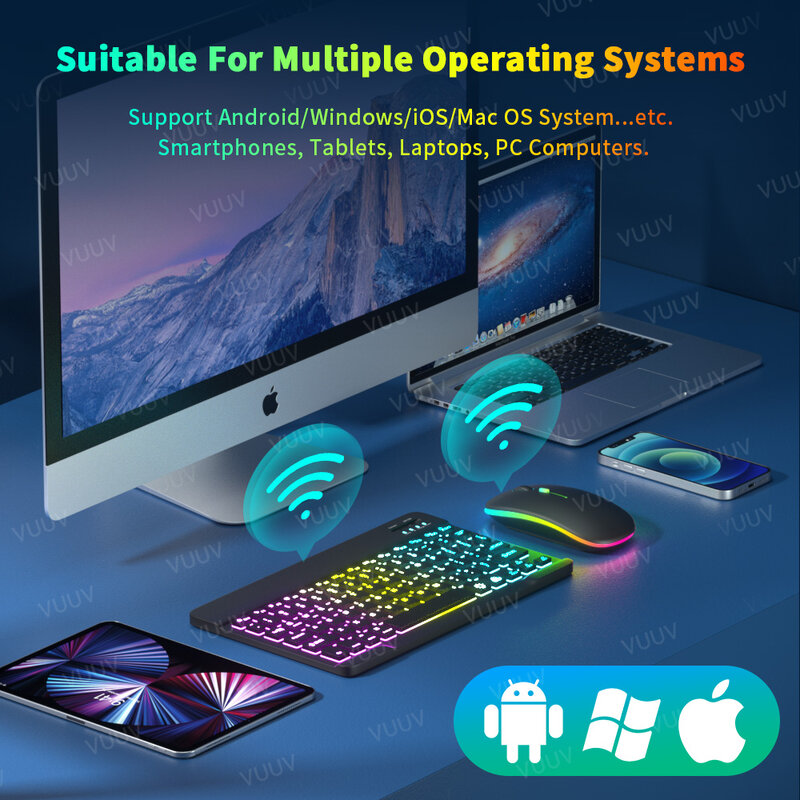 Teclado y ratón Bluetooth para iPad Pro 11 12,9 Air 4 7th 8th, inalámbrico, retroiluminado, arcoíris, para Android