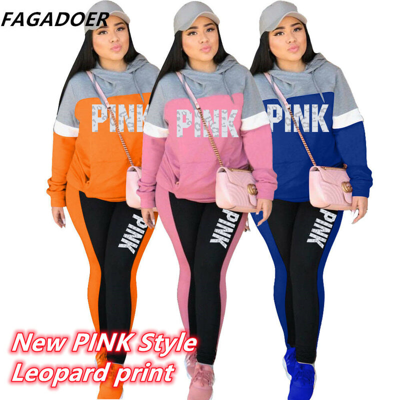 Fagadio-ピンクのレタリングがプリントされた女性用トラックスーツ,色付きのパッチワークのスウェットシャツとパンツ,冬のスポーツウェア,2個,新しいコレクション2021