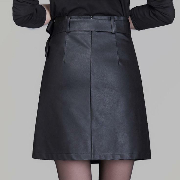 New S/5Xl Women'S Leather A-Line Skirts High Waist Spring Autumn Vintage Large Size Sashes Mid Skirts Female Leather Saias K1228