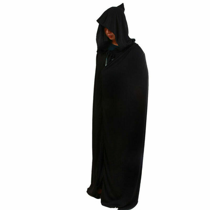 Fantasia de dia das bruxas com capuz, capa preta com capuz assustadora, cosplay longa, manto preto