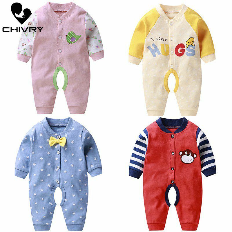 Neue 2020 Baby Jungen Mädchen Strampler Herbst Langarm V-ausschnitt Taste Niedlichen Cartoon Druck Overall Neugeborenen Overall Infant Kleidung