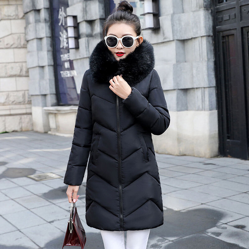 Jaket Musim Dingin Wanita Ukuran Besar 6XL 7XL Mantel Hitam Putih Mode Pakaian Luar Panjang Hangat Parka Bertudung Musim Dingin Bulu Besar Wanita