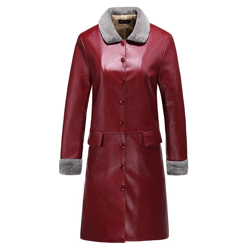 ChangNiu женские длинные кожаные куртки PU 3 цвета черный красный глубокий зеленый искусственный мех внутри зимние теплые длинные женские куртк...