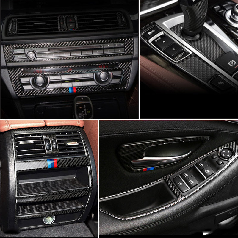 ألياف الكربون سيارة الداخلية والعتاد تكييف الهواء CD باب دخول بلوح صلب مسند ذراع غطاء الكسوة ملصقات اكسسوارات لسيارات BMW 5 سلسلة F10 F18