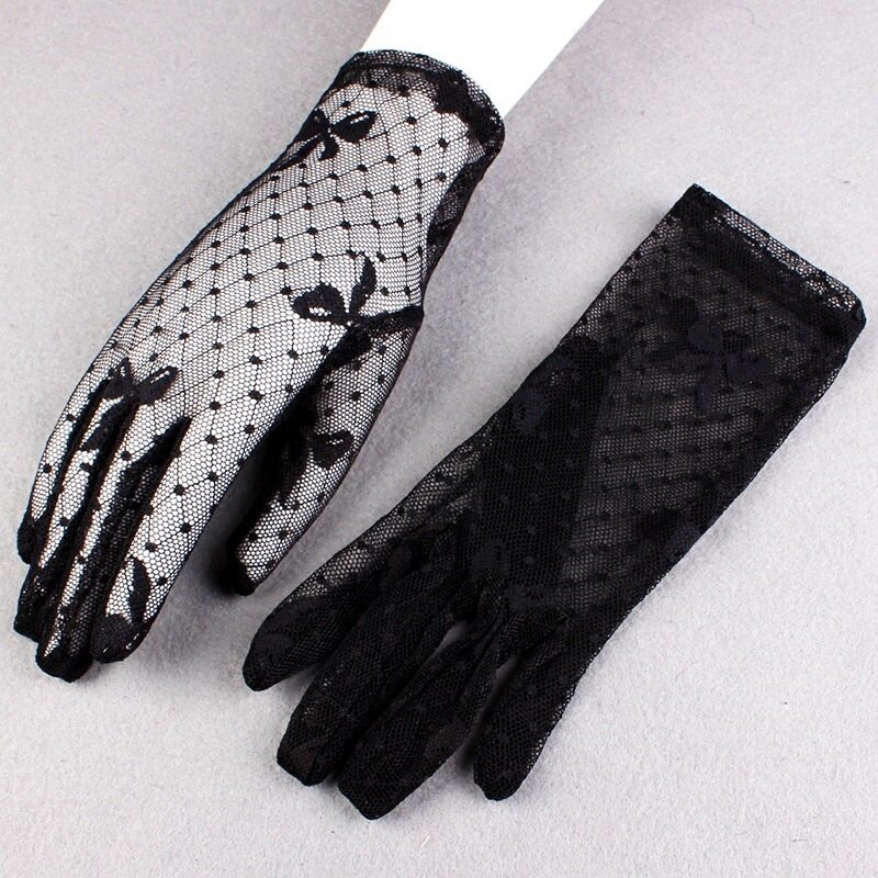 Lace gloves women's autumn thin elastic mesh breathable elegant antiskid sexy stage black bow summer