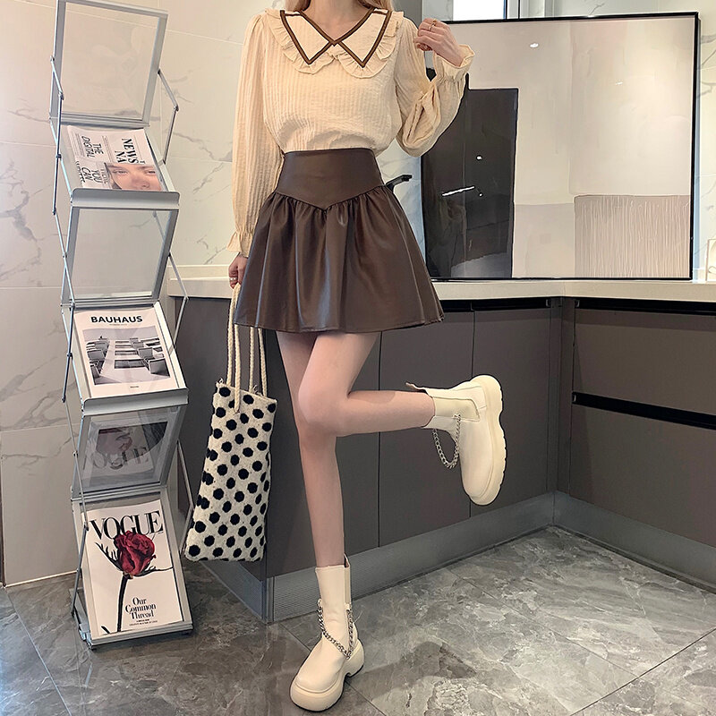 Falda de cuero sintético para mujer, falda de estilo coreano versátil, de cintura alta, media falda de empalme fino, Falda corta de paraguas, línea A, 2021