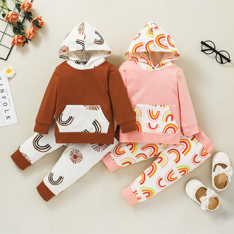 Conjuntos de roupas da menina do bebê infantil impressão retalhos com capuz sweatshirts calças compridas ternos 2pcs roupas do bebê criança ocasional outfits