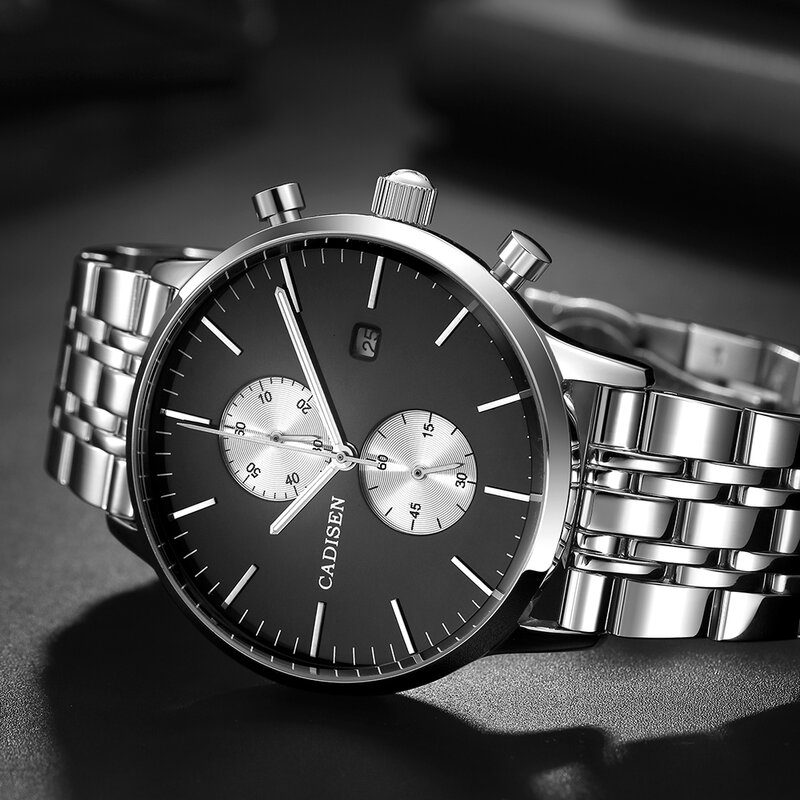CADISEN mężczyźni zegarki Top marka luksusowe wodoodporne 50M ze stali nierdzewnej japoński MIYOTA OS11 zegarek kwarcowy Relogio Masculino