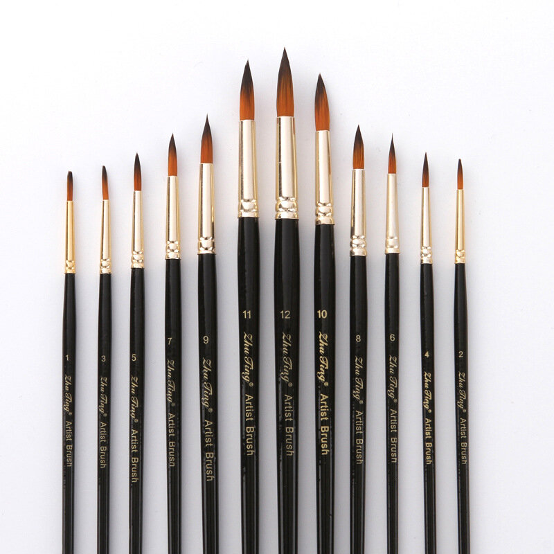 12pcs pennelli per artisti rotondi per pittura a olio Set manico in legno nero pennello per artista per acquerelli acrilici disegno ad olio forniture d'arte