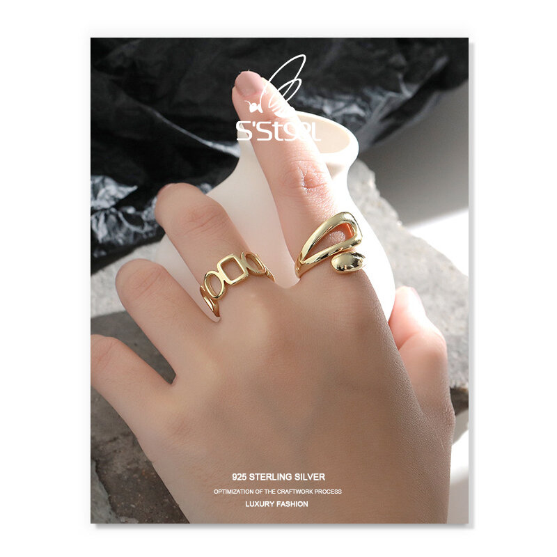 Anéis de prata esterlina com estampa de geomeotric, joia elegante minimalista dourada aberta 925 para mulheres