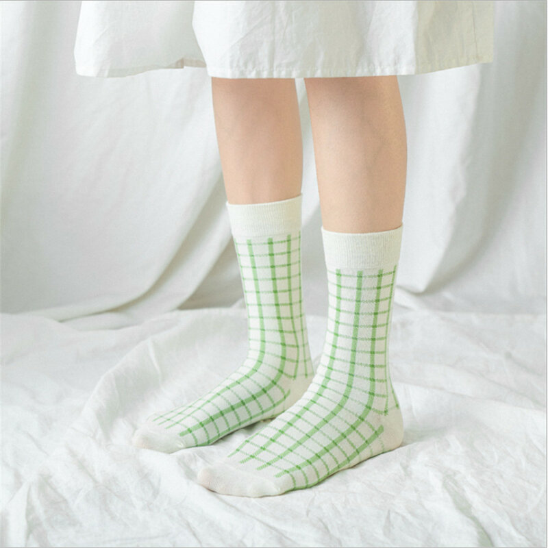 Новые японские носки в клетку для девушек, цвет маття, весна-лето, в стиле Ins Harajuku, парные носки, зеленые хлопковые носки
