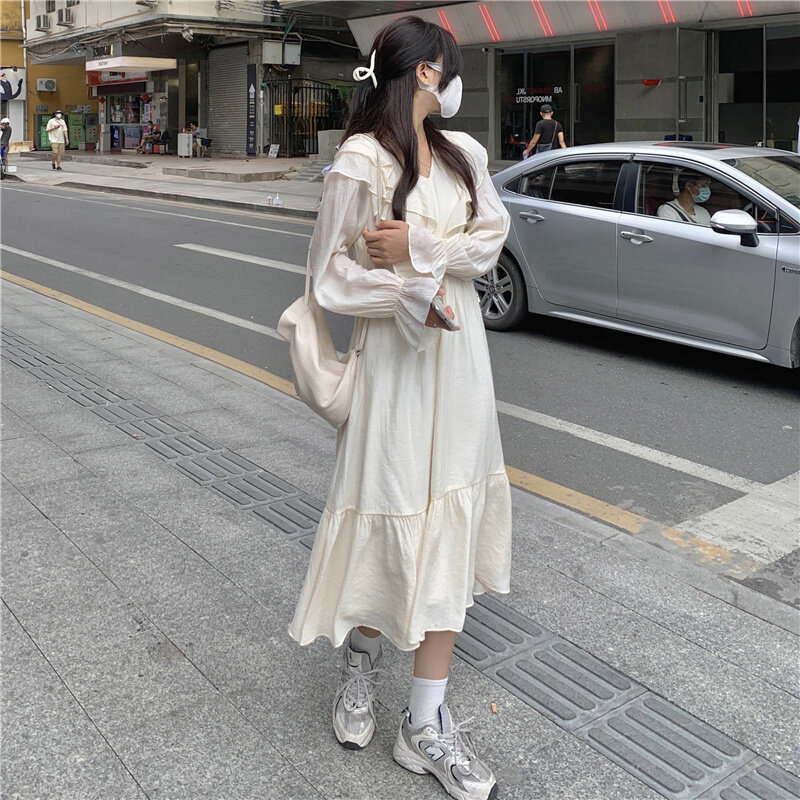 Costume pour femmes, robe coréenne d'automne 2021, fermeture à la taille, Slim, mode rajeunissante, polyvalente, à volants, manches longues, robe Chic pour femmes