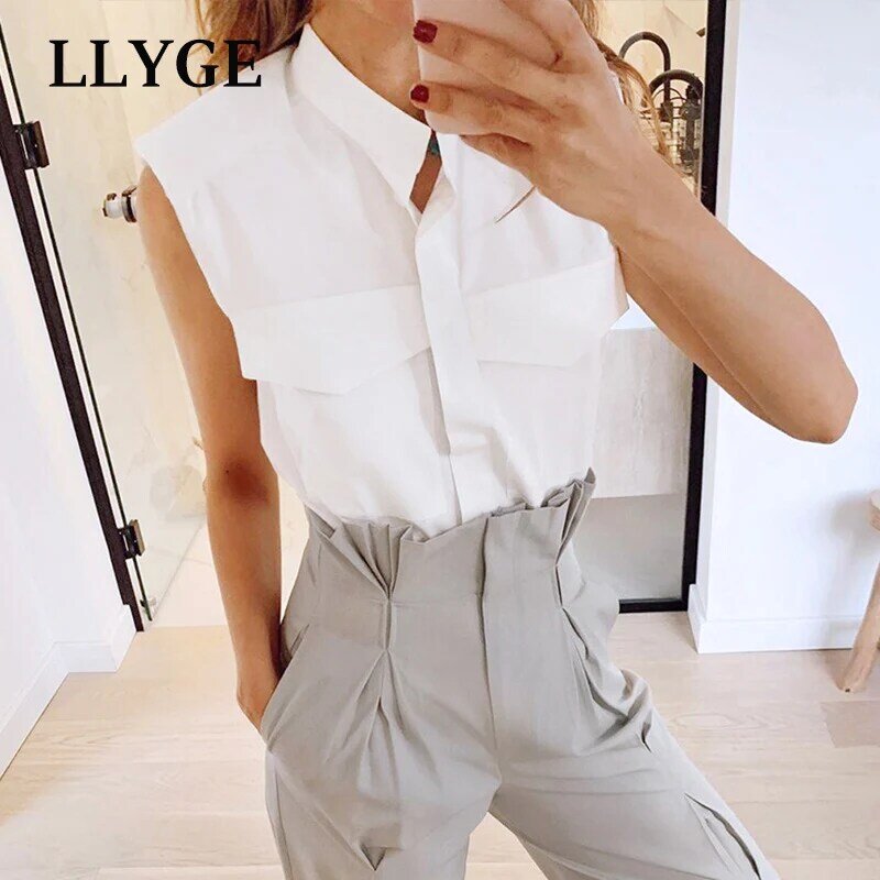 Summer Pad Shoulder Sleeveless Women Shirt White Stand Collar Single Breasted Female Shirts 2021 Trend Simple Office Ladies Tops