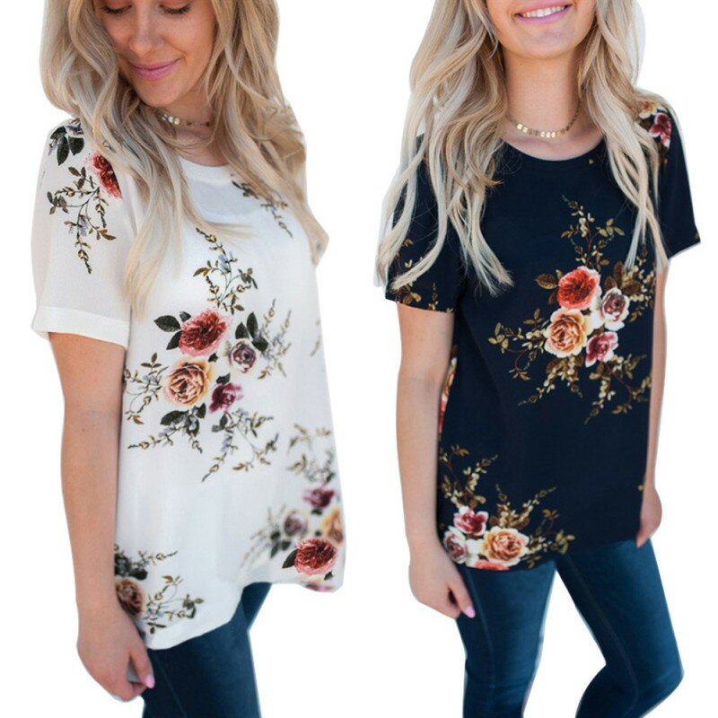2020 lato dorywczo stylowe kobiety dorywczo kwiatowy Print krótki rękaw szyfonu koszule O-Neck topy moda S M L XL XXL XXXL!