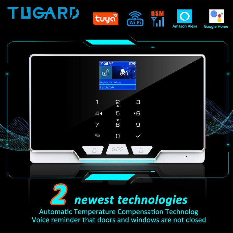 Tugard g20 wifi gsm sistema de alarme de segurança em casa assaltante app controle de tela cheia de cores barras de luz 433mhz acessórios alexa google