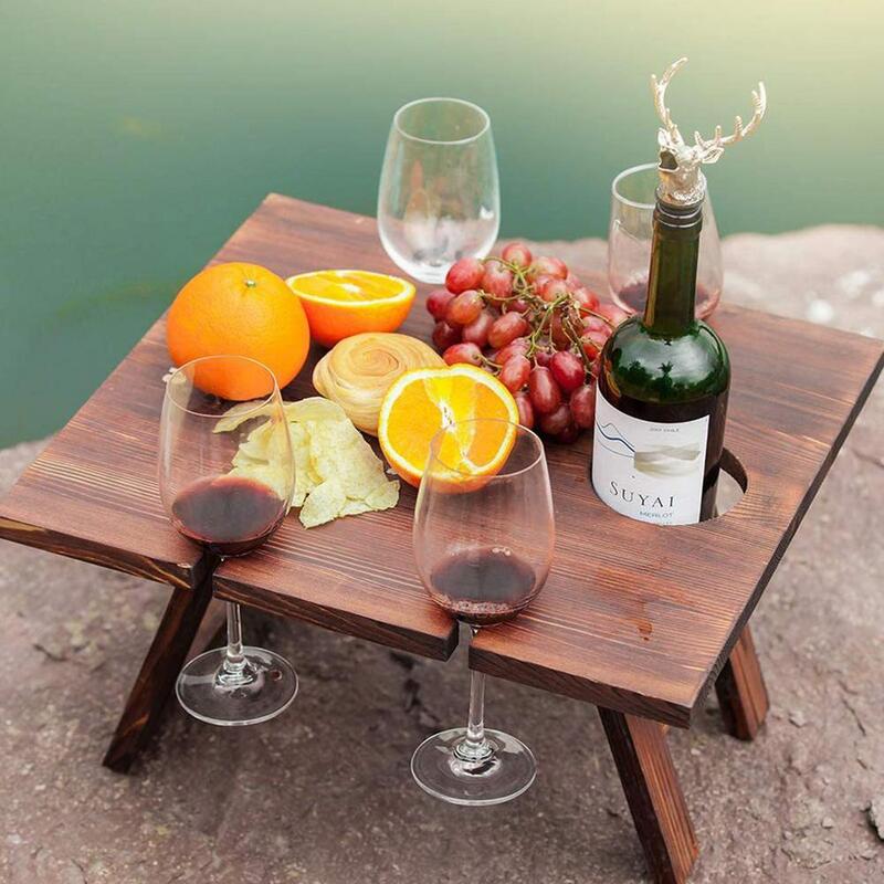 Mesa de Picnic portátil de madera, mesa de vino plegable con asa de transporte, soporte extraíble para copas de vino, bandeja para aperitivos y frutas